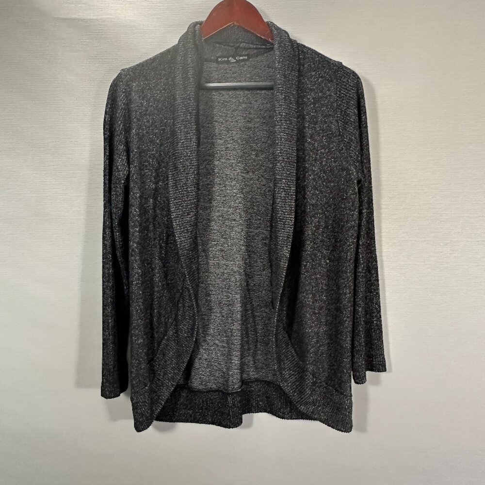 Kim & Cami Sweater Womens Small Gray Cardigan Open Front Drapey Curved Hem